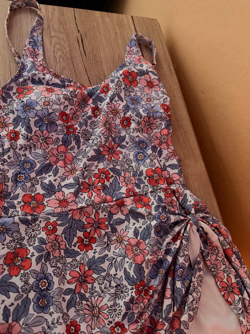 Floral Tie-Side Cami Dress One Piece Bathing Suit- Pink, Red & Blue